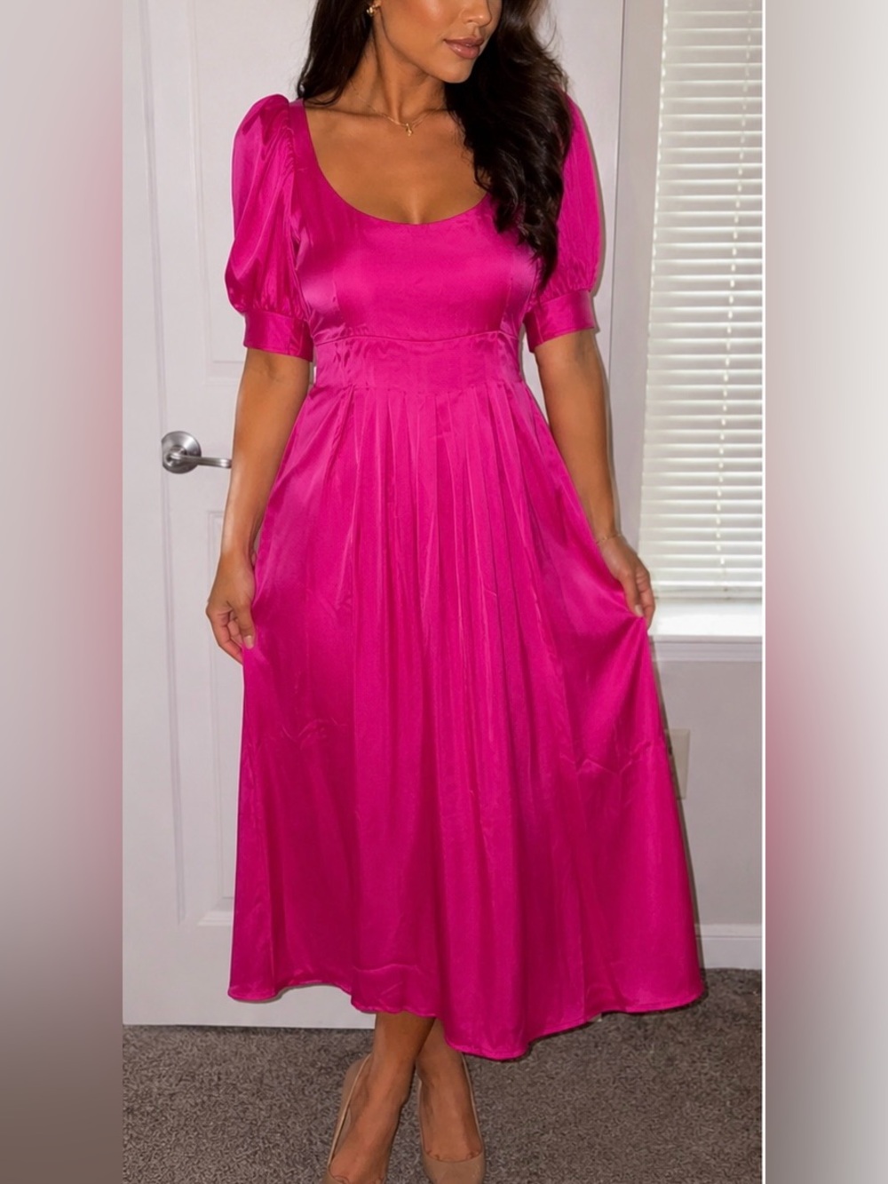 Crosby Hot Pink Puff-Sleeve Maxi Dress